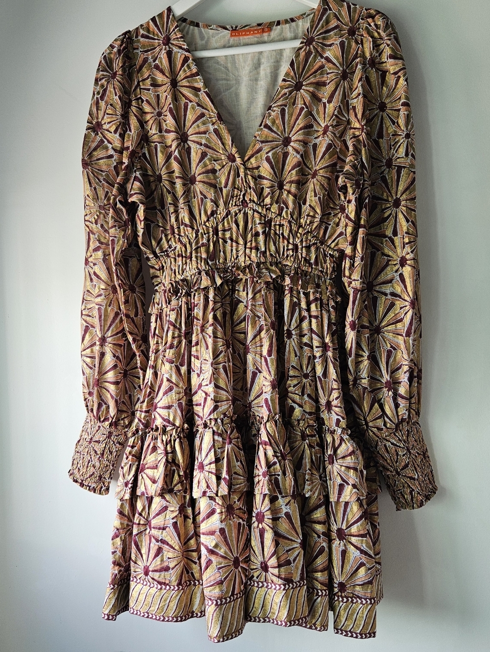 Oliphant Coated Gold Wine And Peach Graphic Printed Smocked Dress - Picture 4 of 10